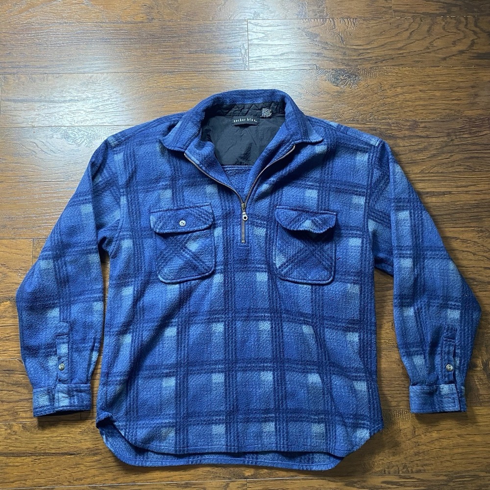 Anchor‎ Blue Mens XL Blue Plaid Fleece Quarter Zip Pullover Heavyweight Jacket